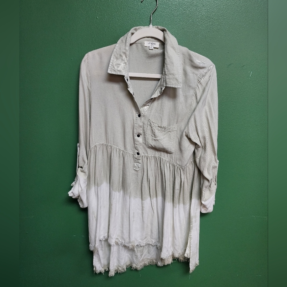 Umgee USA Dip Dye Tunic Dress Small Beige Cream Frayed Hem